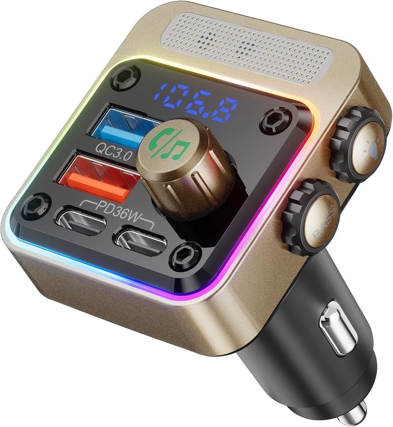 nulaxy 54W Bluetooth 5.3 Car Adapter with 4 Charging Ports [PD 36W & QC3.0 18W], Wireless Radio FM Transmitter with Deep Bass Player & 5 Colors LED Backlit, Hands-Free Calling - Gold - Image 1